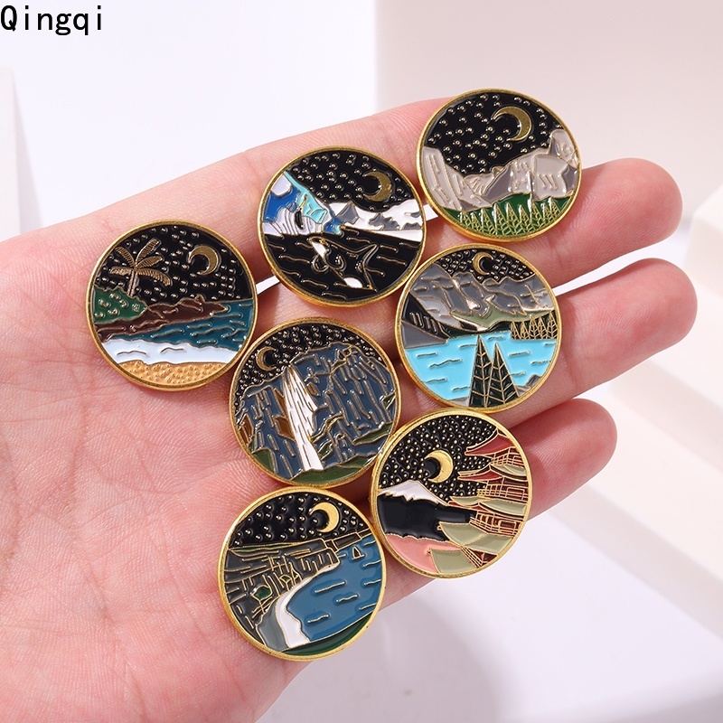 Outdoors Bros Pin Enamel Desain Pemandangan Gunung / Sungai / Bulan Untuk Aksesoris Pakaian Wanita