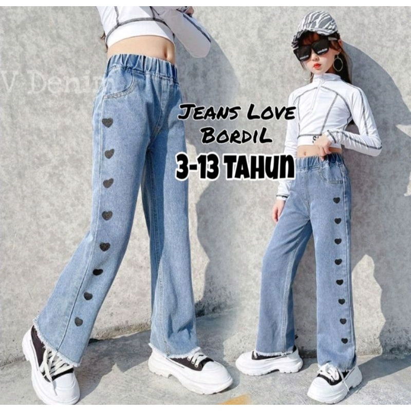 Kulot Love Motif Bordir Jeans Levis Anak Perempuan Umur 2-13 / Celana Panjang Lope Cewek Wanita Mode