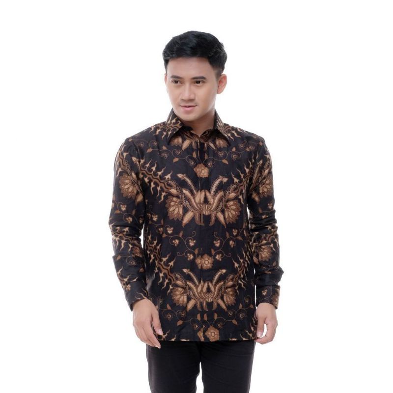 Batik Pria Lengan Panjang WIJOYO BATIK HRB026 motif KERATONAN Kode 002 Reguler Fit Seragam Kantor-Keris Black