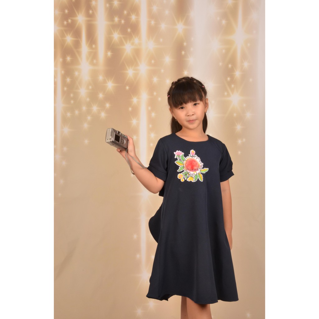 Dress Fashion Casual Anak Perempuan Wooven Bordir Bunga Pita Belakang