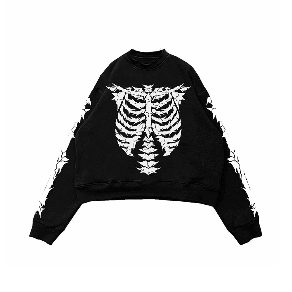 CROP CREWNECK OVERSIZE UNFINISHED | SKELETONS | BLACK | YIKESALLDAY (50PCSONLY)
