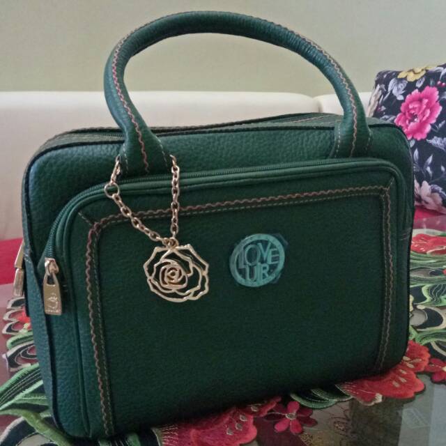 Tas Branded Impor - Charles Louvier - Second - Kulit Jeruk Italia - Hijau Tua - Free Ongkir