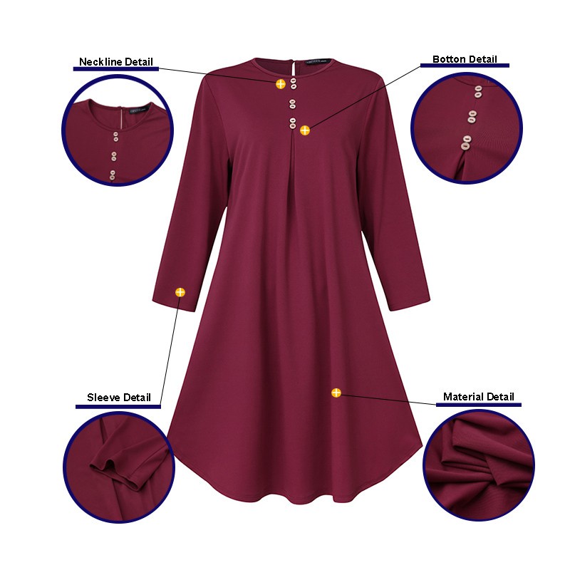 ZANZEA Women Long Sleeve Casual Solid Color Loose O Neck Muslim Blouse