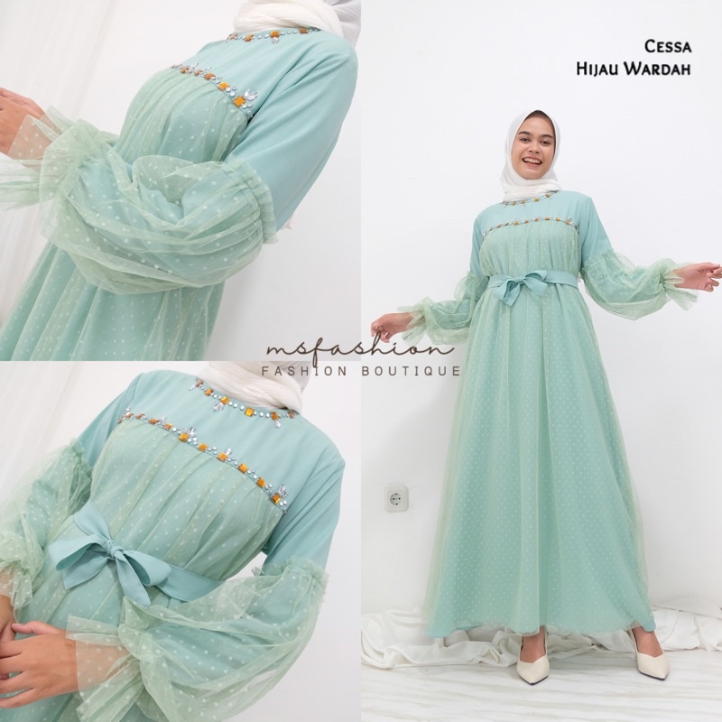 Cessa Maxi Dress/ dress muslim tile dotty full depan belakang/ gamis payet rangkai/ pakaian wanita/ 