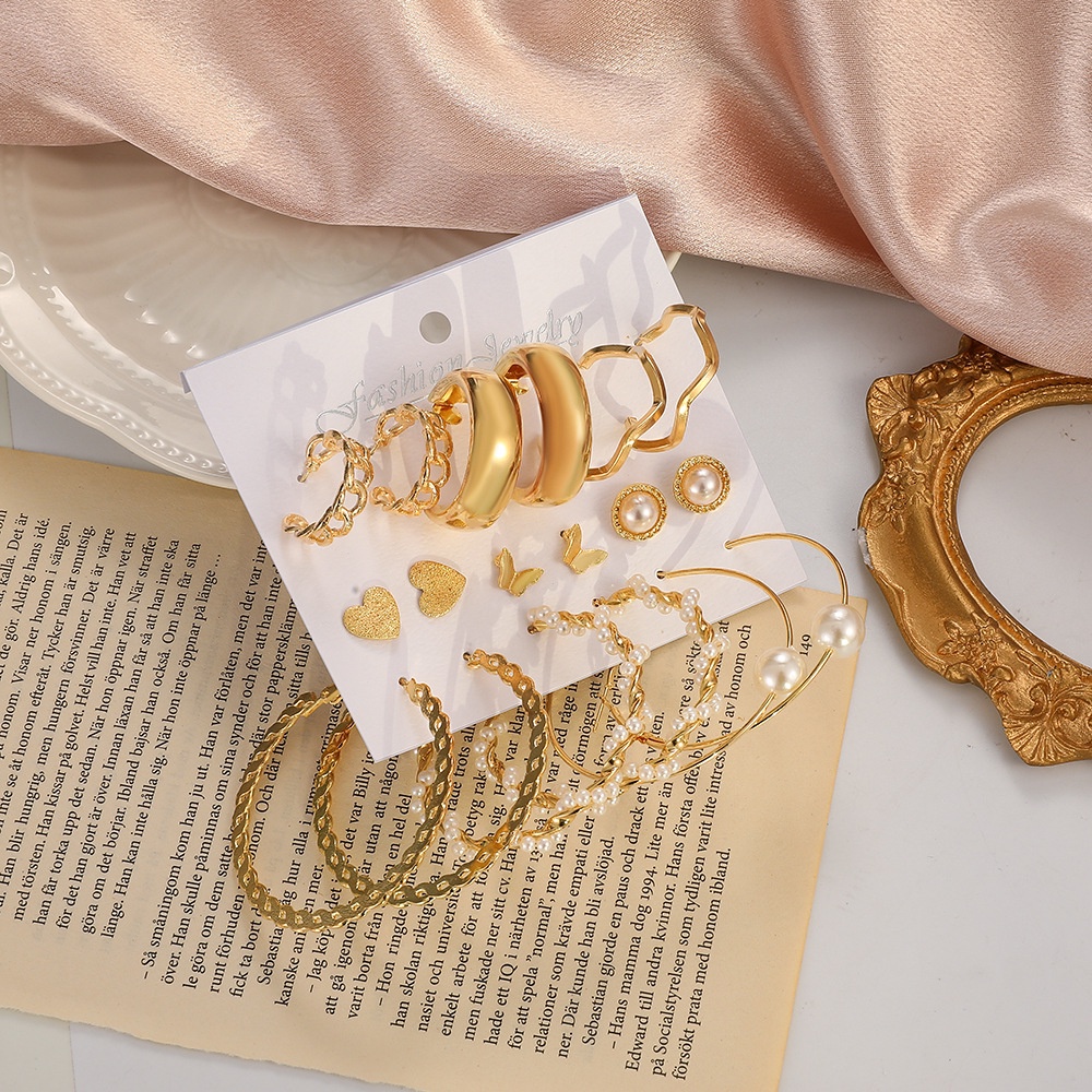 9 Pcs / set Anting Mutiara Imitasi Bentuk Geometris Bahan alloy Gaya retro Eropa Amerika