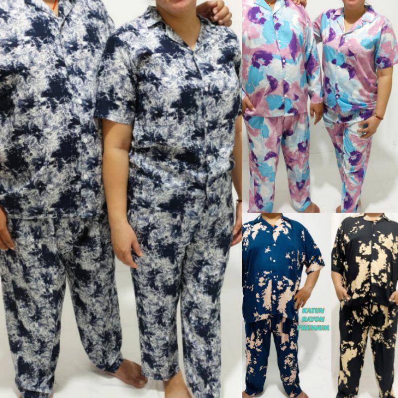 JUMBO ONE SET PIYAMA RAYON LD 140 SETELAN CELANA PANJANG BAJU TIDUR RAYON LENGAN PENDEK PRIA WANITA