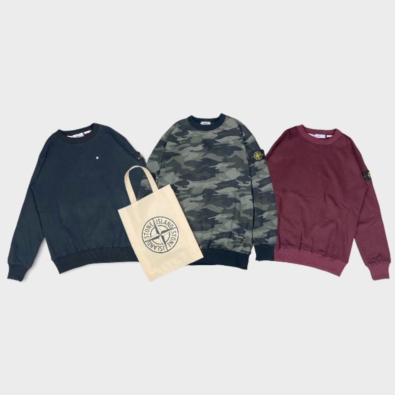 CREWNECK STONE ISLAND CAMO HITAM MAROON (GRATIS TOTE BAG)