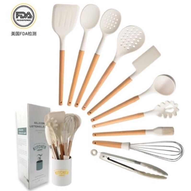 Spatula silikon putih susu gagang kayu / Kitchen utensils set