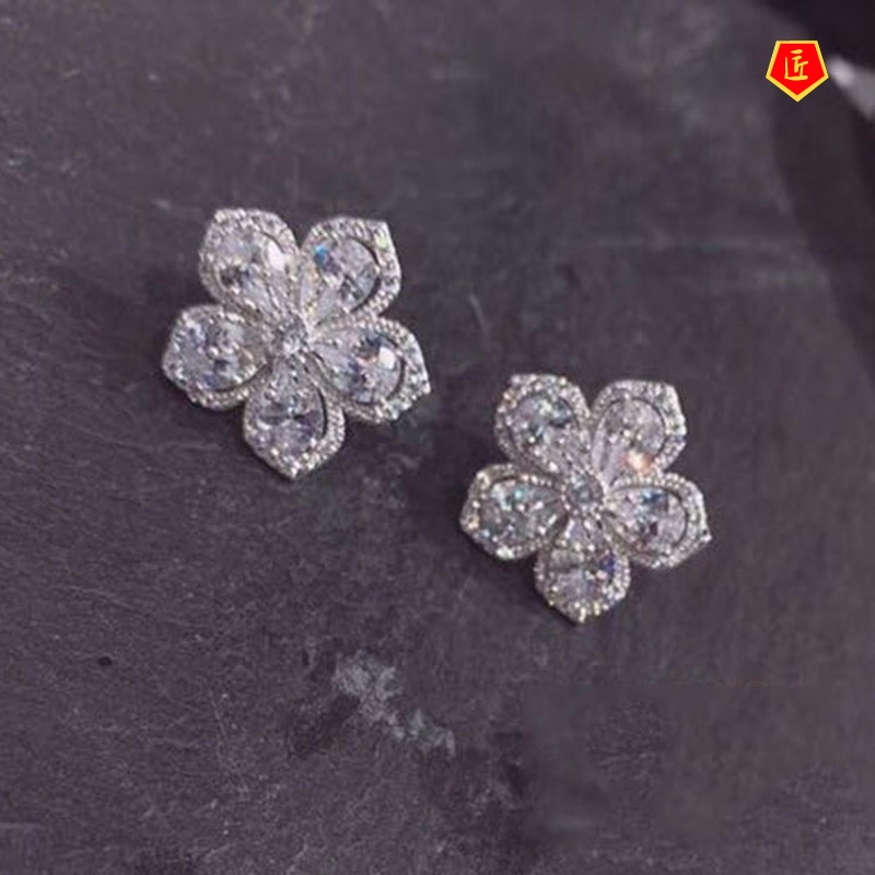 [Ready Stock]925 Silver Elegant Exquisite Cherry Blossom Crystal Stud Earrings