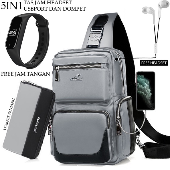 TANMESSO 5IN1 BAYAR DITEMPAT-BONUS JAM LED,DOMPET &amp; USBPORT&amp;HEADSET-tas selempang waterproof