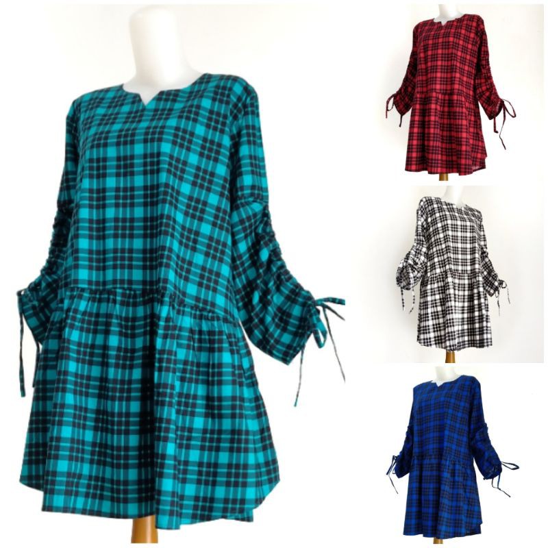 Seruni Tunik Kotak Kotak Wanita Lengan Tali Serut LD 108 katun Stretch