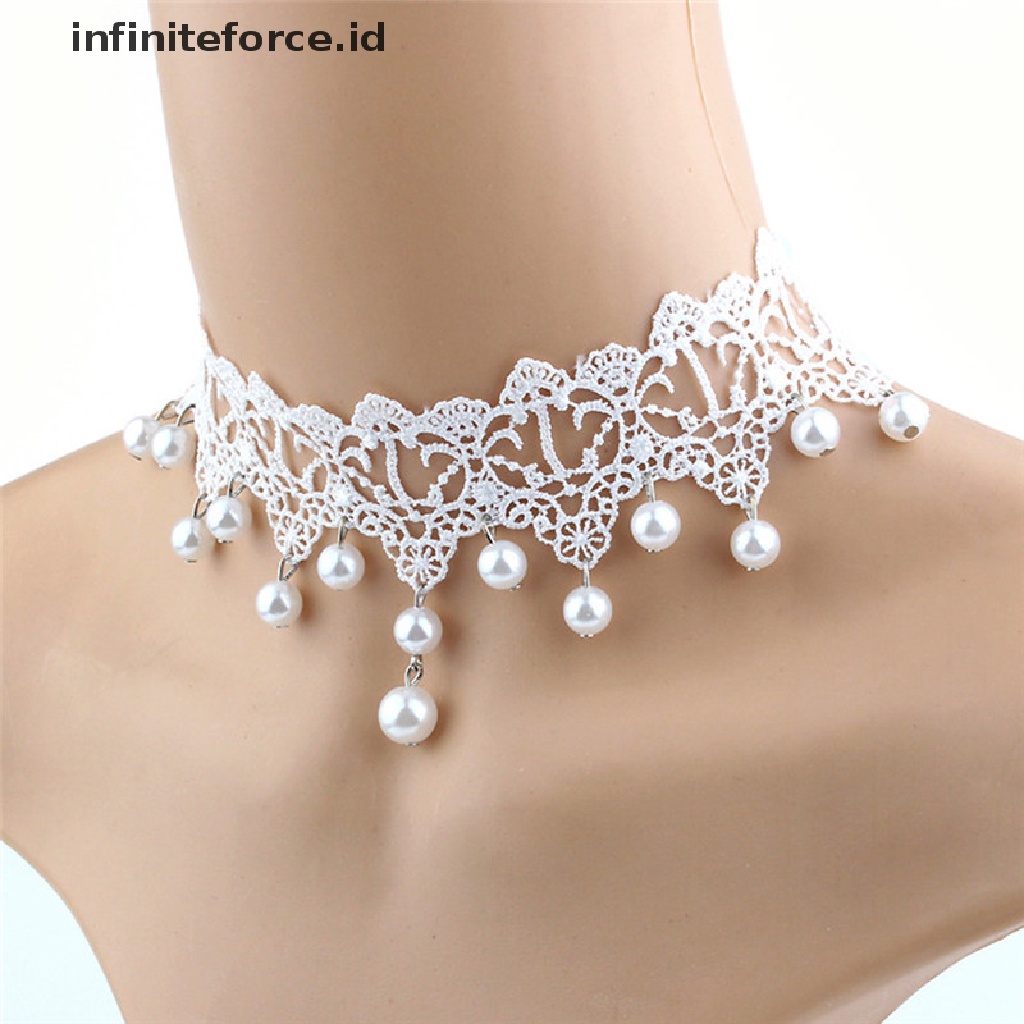 Kalung Choker Bahan Lace Aksen Mutiara Untuk Wanita