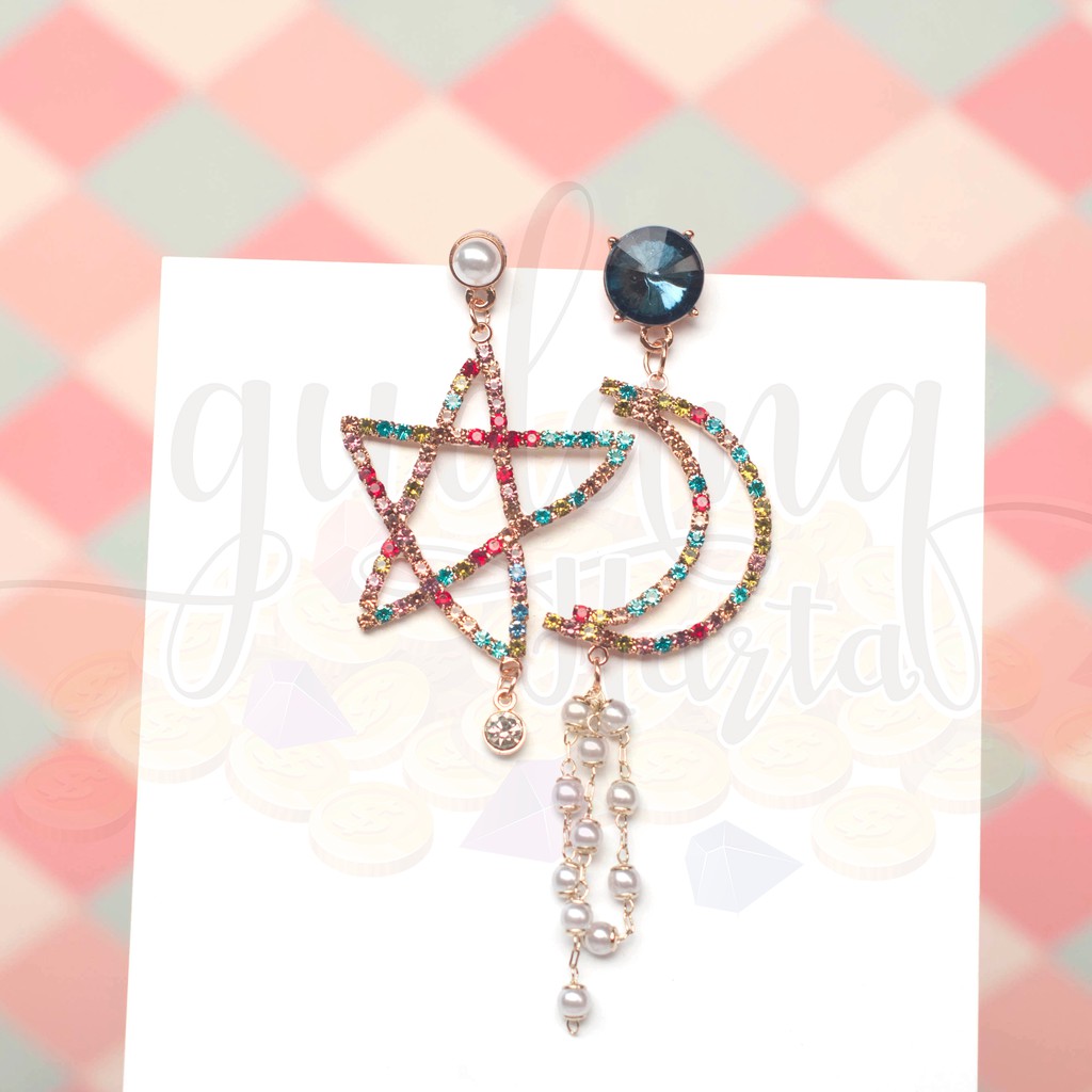 Anting Stud Big Rainbow Star and Moon Bulan Bintang Panjang Unik GH 203430