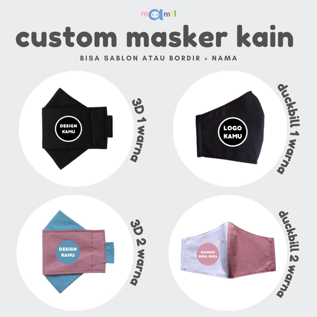 MASKER KAIN 3D &amp; DUCKBILL 3 PLY CUSTOM BORDIR SABLON LOGO NAMA + STOPPER || MASKER KAIN NON MEDIS || MASKER ANAK || MASKER EARLOOP || MASKER KAIN 3D || MASKER KAIN DUCKBILL
