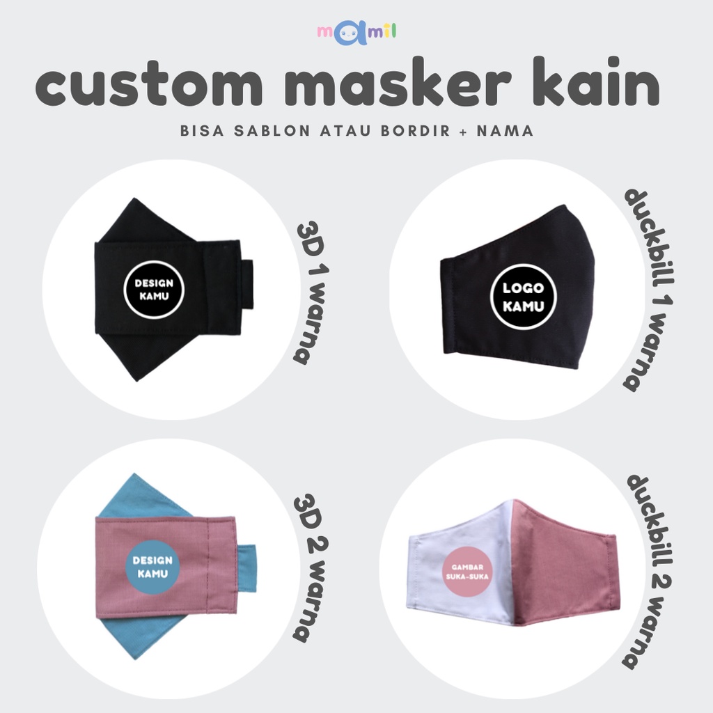 MASKER KAIN 3D & DUCKBILL 3 PLY CUSTOM BORDIR SABLON LOGO NAMA + STOPPER || MASKER KAIN NON MEDIS ||