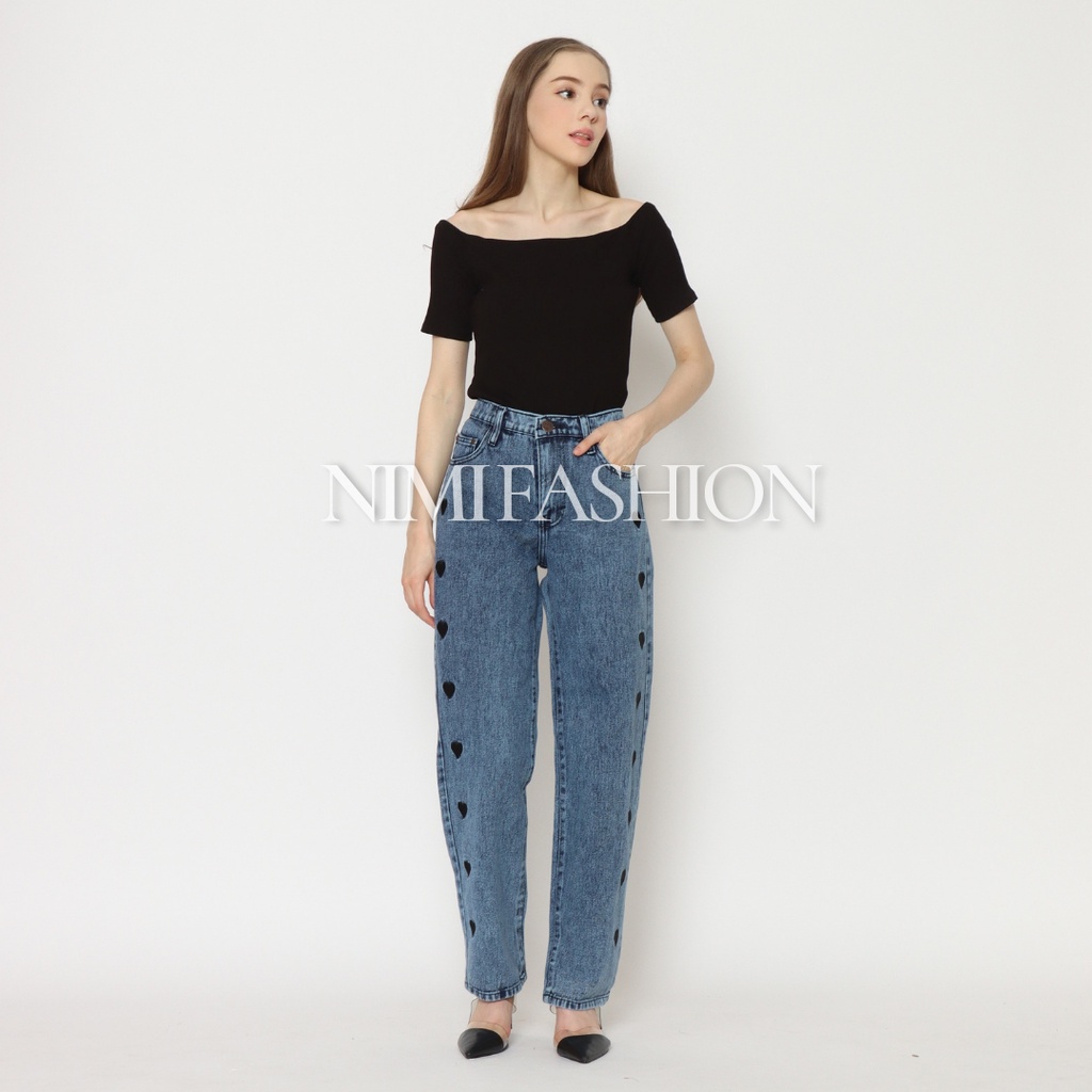 Nimi Celana Jeans High Waist Wanita Loose Jeans Love