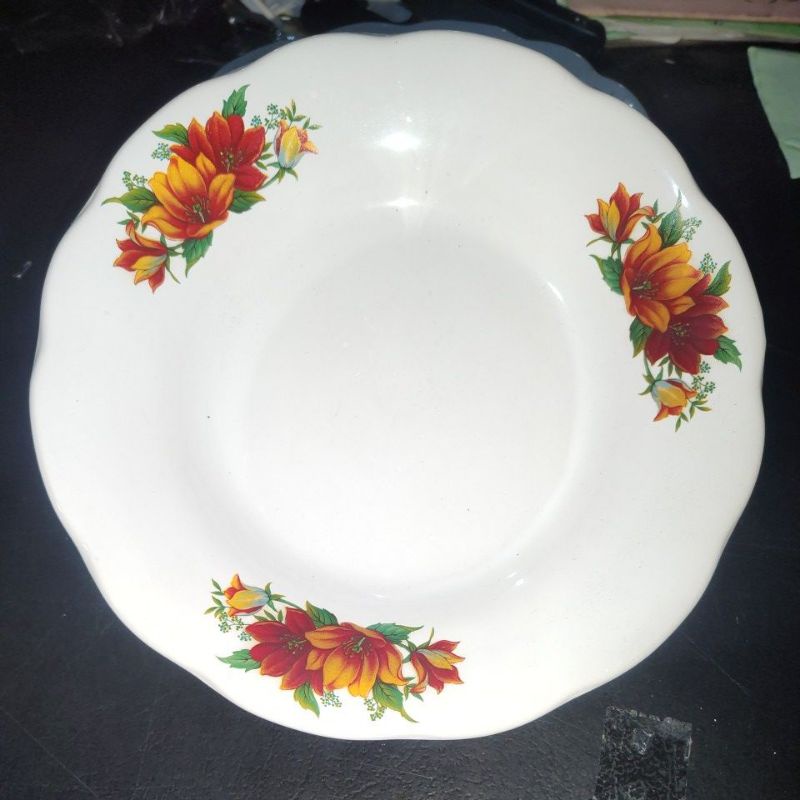 Piring makan batu keramik 8" inchi motif bunga putih polos list emas tebal murah