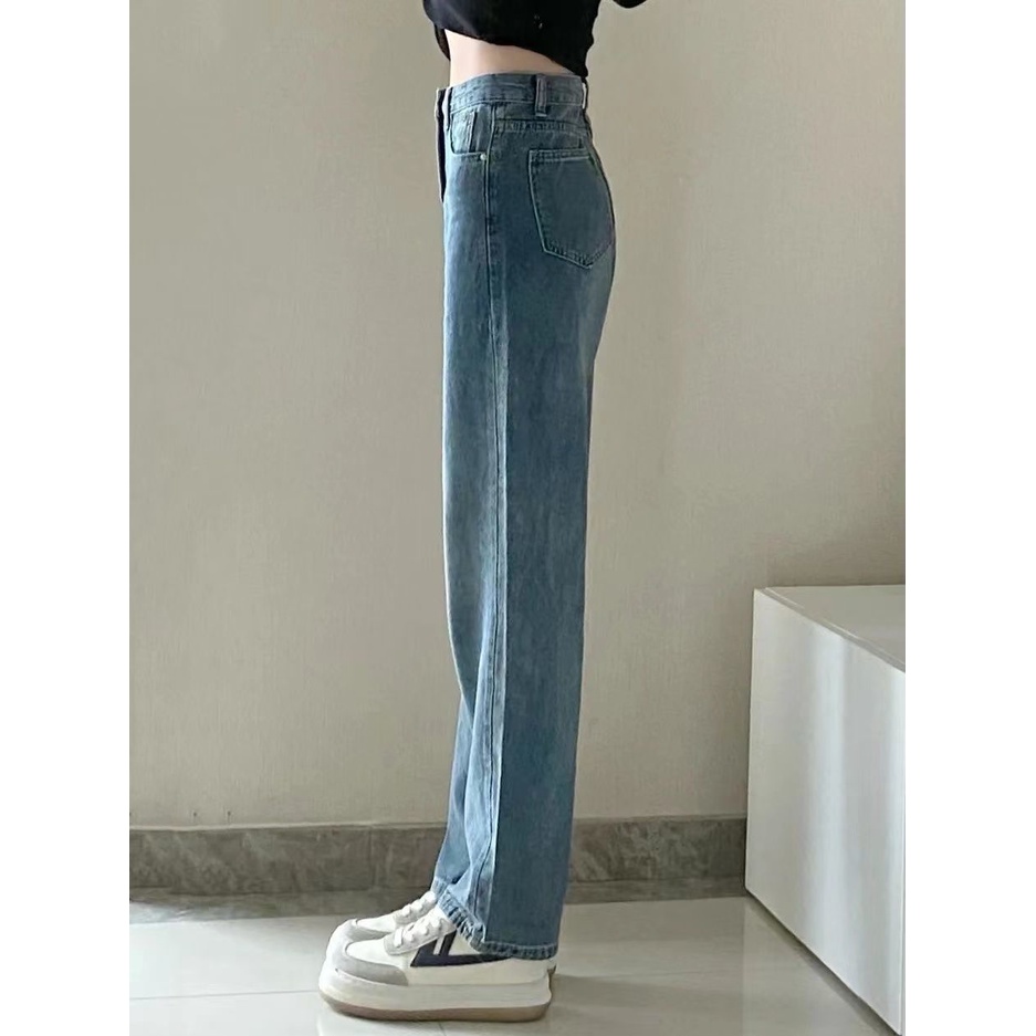 Celana Jeans Longgar Wanita Pinggang Tinggi Biru Retro Korea Baru