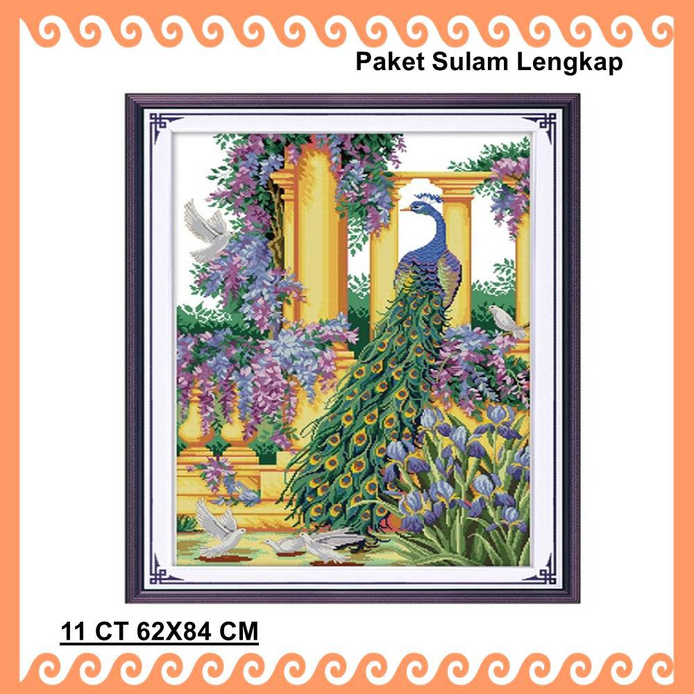 PAKET SULAM KRISTIK  CROSS STITCH . POLA DI KAIN DAN  POLA KERTAS MOTIF &quot; PURPLE FLOWER AND PEACOCK&quot;