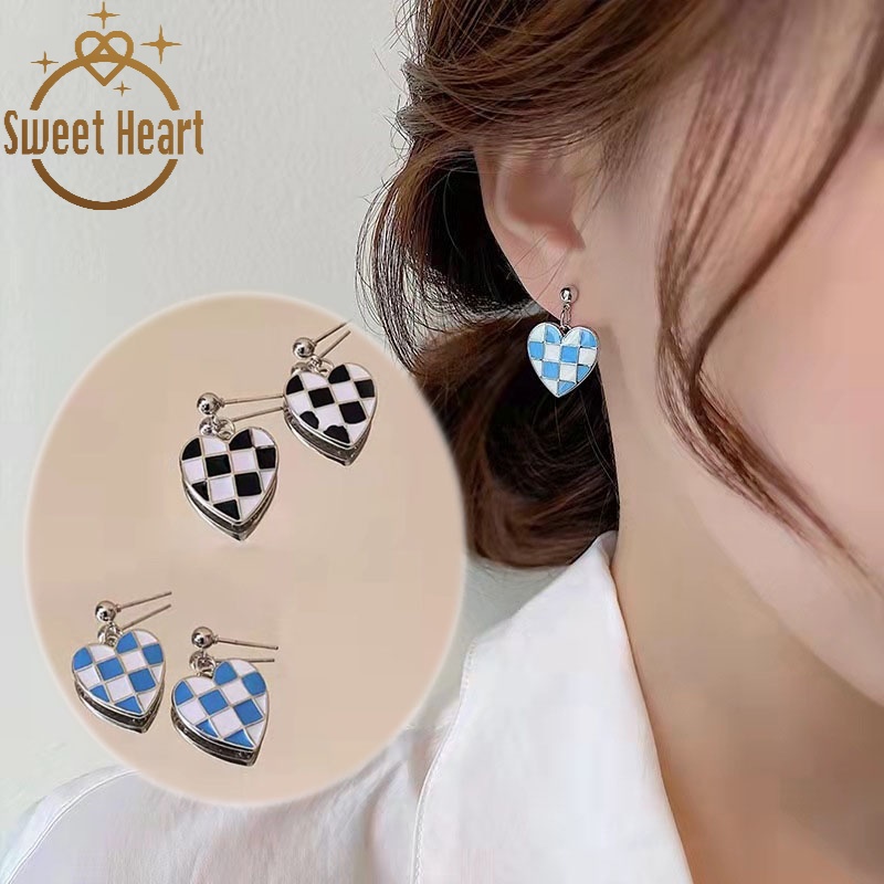 925 Silver Heart-shaped Checkerboard Earrings Simple Temperament Unique Earring Women Sweet Heart Jewelry