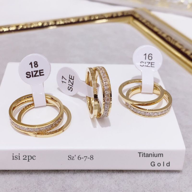 Cincin Titanium Asli isi 2pc gold Mata Kilau Anti karat Anti Alergi Stainless steel 018
