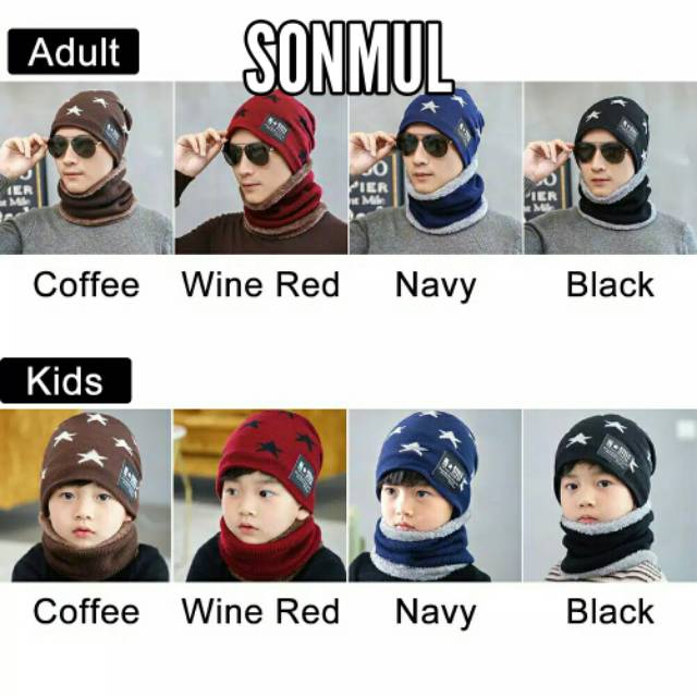 KIDS ADULT WINTER BEANIE HAT + SCARF WITH FUR INSIDE TOPI SYAL ANAK DEWASA MUSIM DINGIN