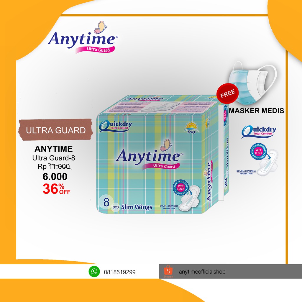 

Anytime Pembalut / Ultra Guard Day 8Pc Sanitary Napkins -24Cm Active Day And Relax Night With Charm