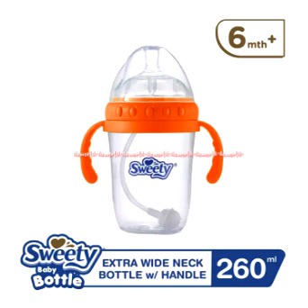 Sweety Baby Bottle 260ml Extra Wide Neck with Handle 6Month+ Gelas Botol Belajar Minum Dengan Tangkai Pegangan Anak Bayi Swety Switi Orange