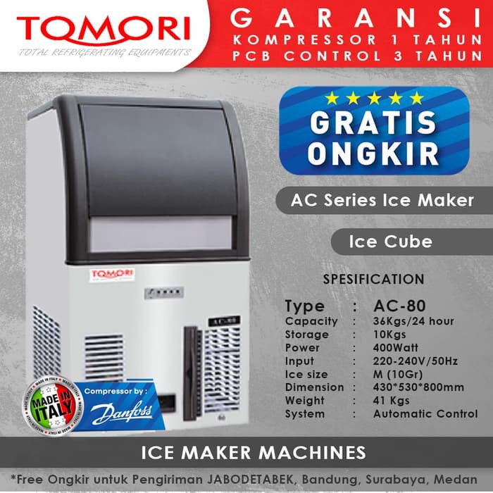 Mesin Pembuat Es Kubus Tomori AC-80, Kapasitas 36 kg/Hari, Dimensi 430x530x800 mm, Berbahan SS304 Foodgrade