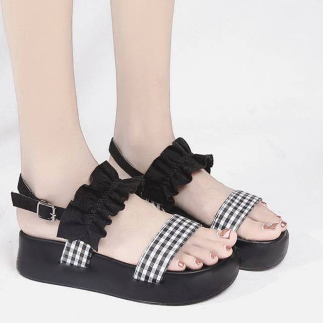 ABBUSHOES Us 70 Wedges Tali kotak-kotak (Terbaru)