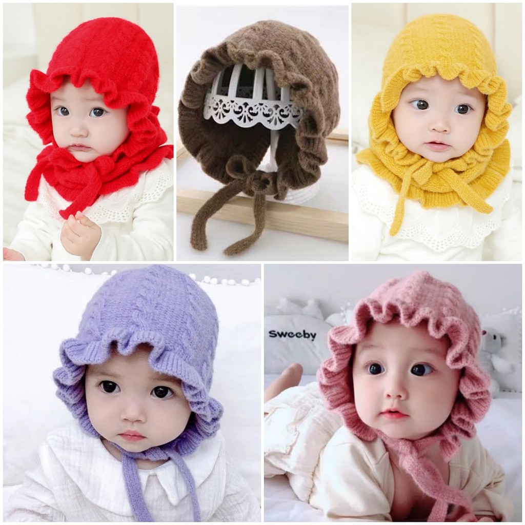 Topi Kupluk Bayi Bonet Bonnet Ruffle hat baby girl perempuan import Rajut