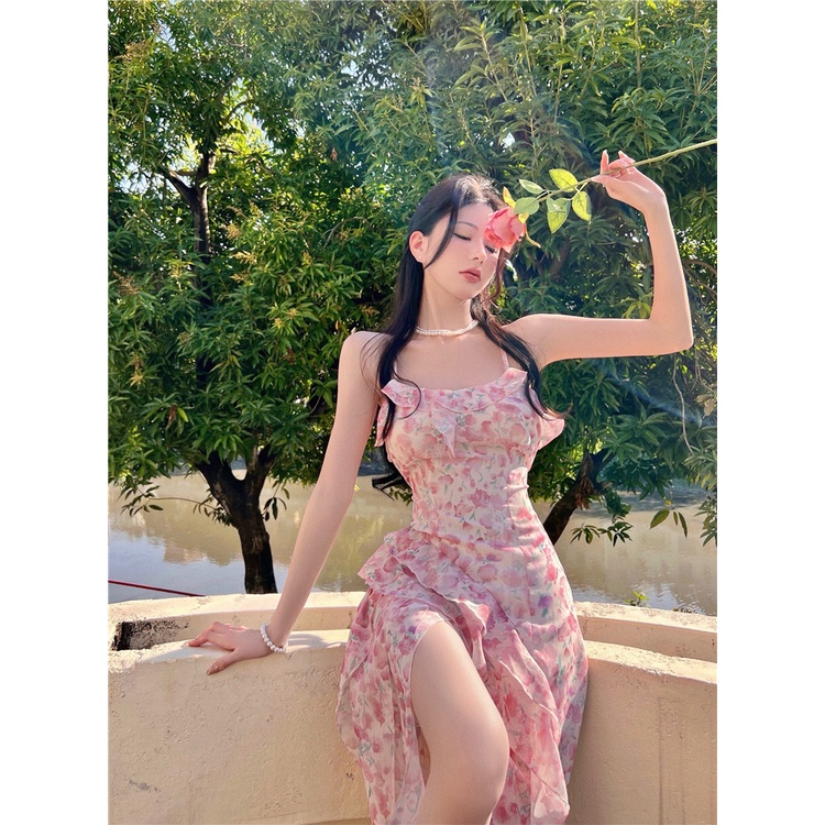 Mini Dress Lembut Floral Sling Dress Wanita Musim Panas Manis Kerut-kerut Belahan Belakang Terbuka S