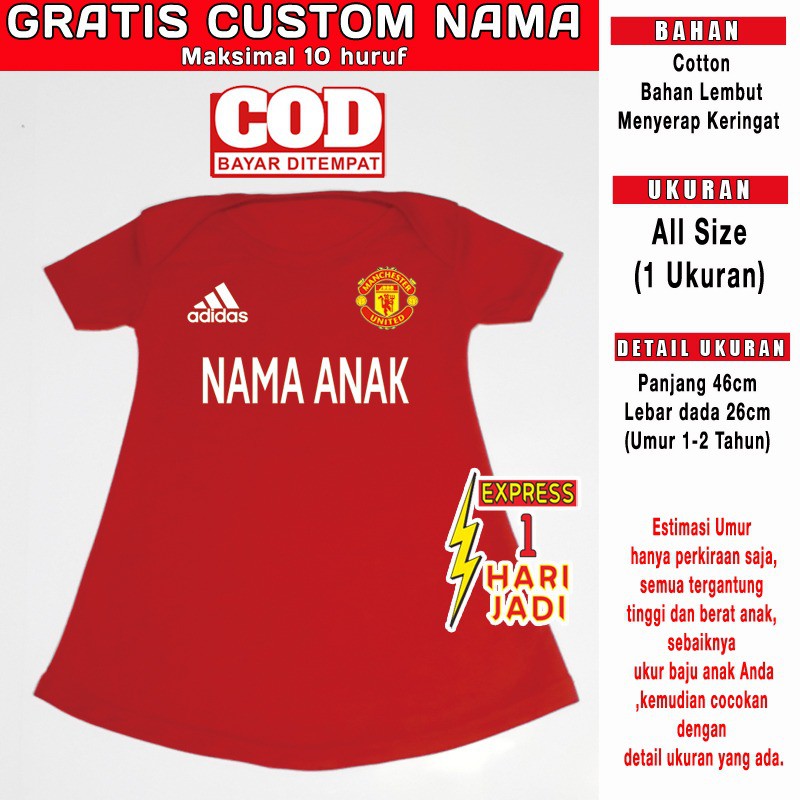 Dress Anak Perempuan Bola M--U GRATIS CUSTOM NAMA Pakaian Bayi Baju Bola Anak Jersey Cewek 1-2 Tahun