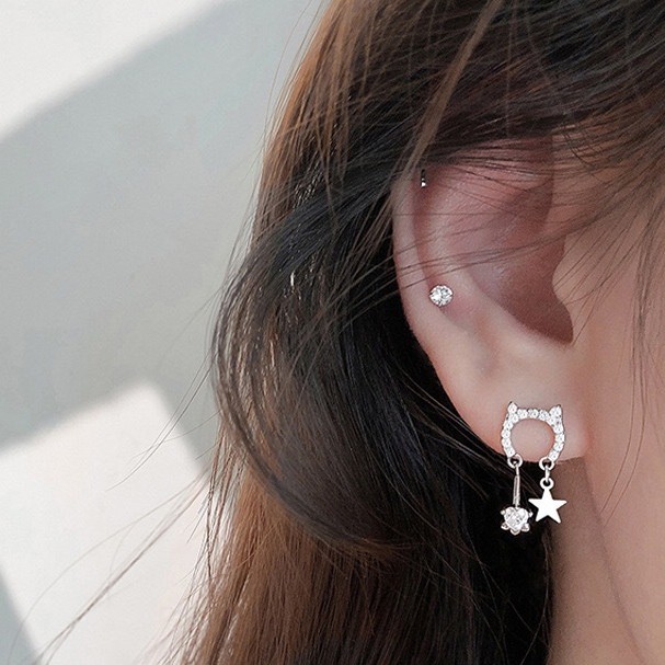 Anting Stud 925 Silver Needle Bentuk Kucing Bahan Zirkon Gaya Minimalis