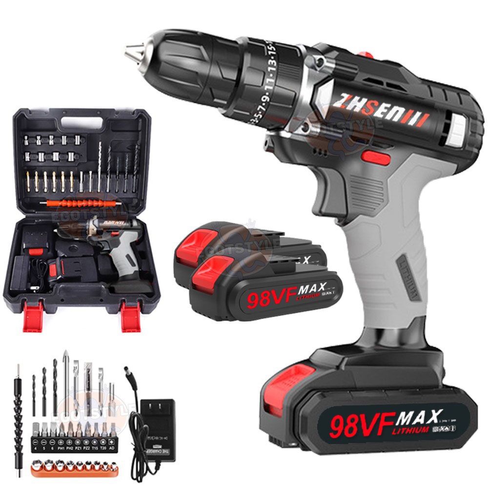 Bor Listrik/Bor Baterai Tangan Cordless /Bor Tanpa Kabel /Mesin bor tanpa kabel baterai cordless /Beton Besi Kayu Full 98Vf Set