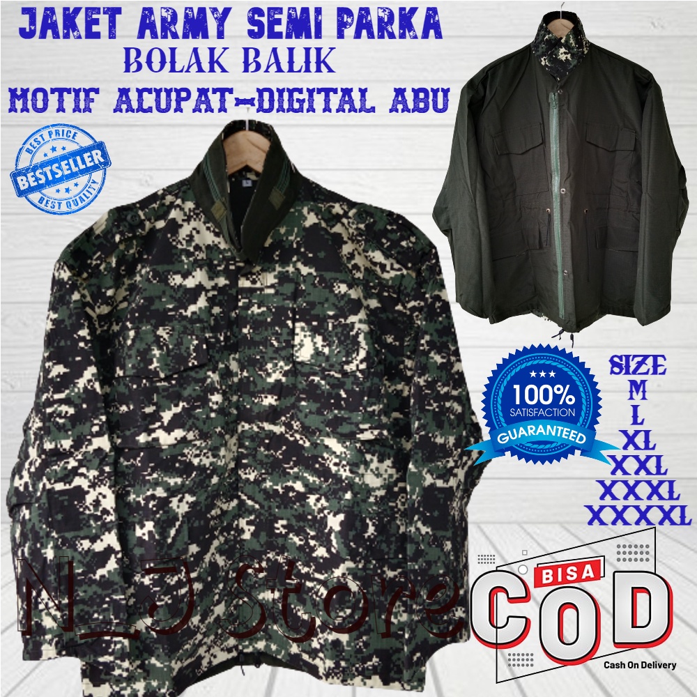 BIG SIZE (M-4XL) Jaket Pria Semi Parka Army Bolak Balik Loreng ACUPAT DIGITAL ABU