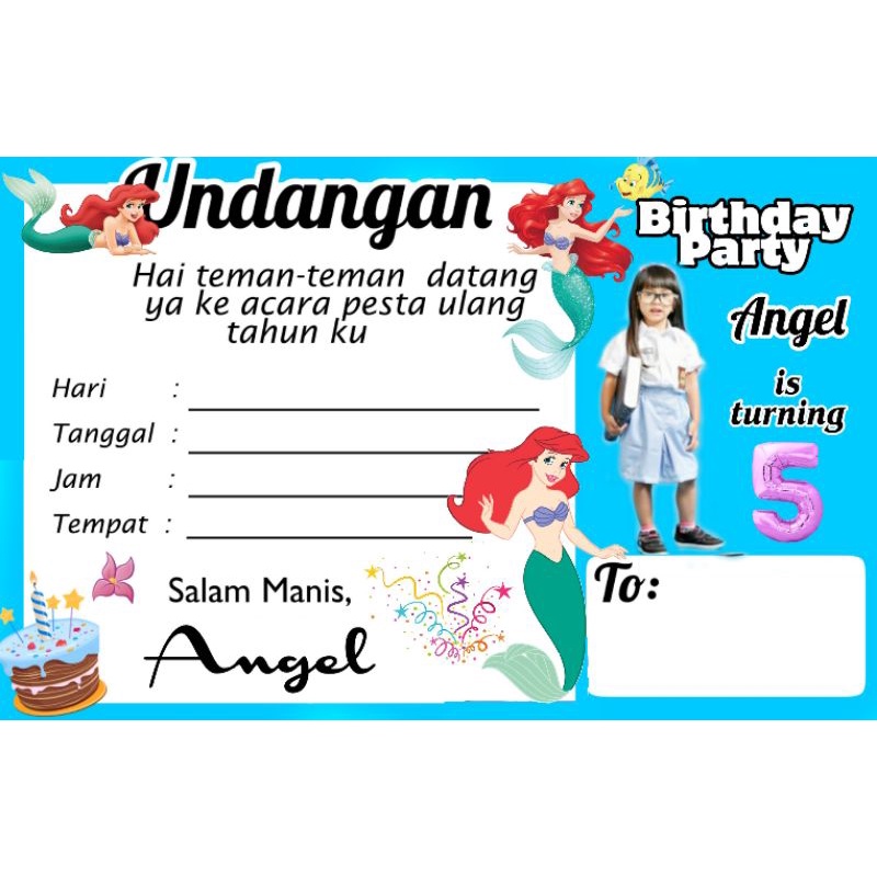UNDANGAN ULTAH ANAK MOTIF ARIEL MERMAID PUTRI DUYUNG