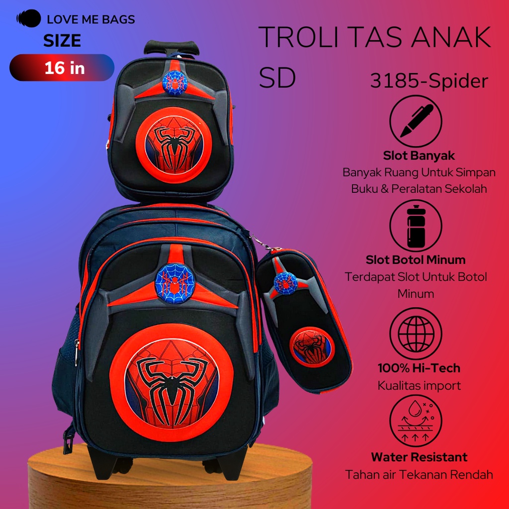 LMB Tas Troli Anak Sekolah Laki Laki SD Import 3in1 Bahan Nilon Premium Bagian Depan Timbul 6D Karakter Superhero Tebal Ukuran Besar