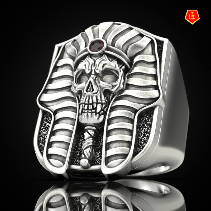 [Ready Stock]Egyptian Pharaoh Skull Gold Two-Tone Ring Exaggerated Punk