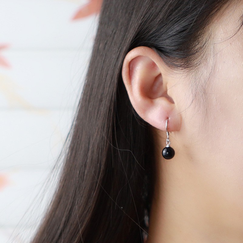 925 Anting Perak Murni untuk Wanita Obsidian Ear Hook Fashion Perhiasan