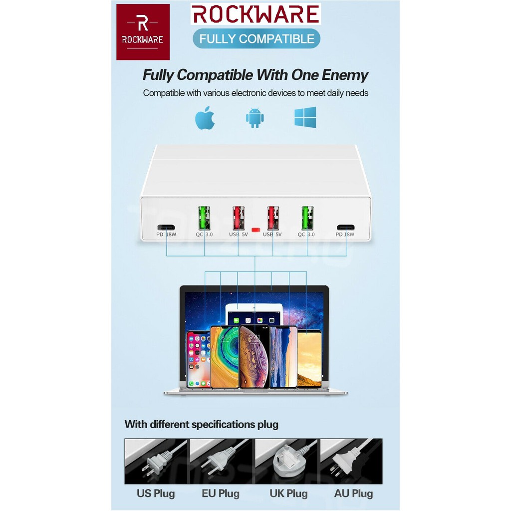 ROCKWARE X5 - 4 USB Port and 2 PD 18W Port Charging Station - 72W - Charger Multiport Up to 6
