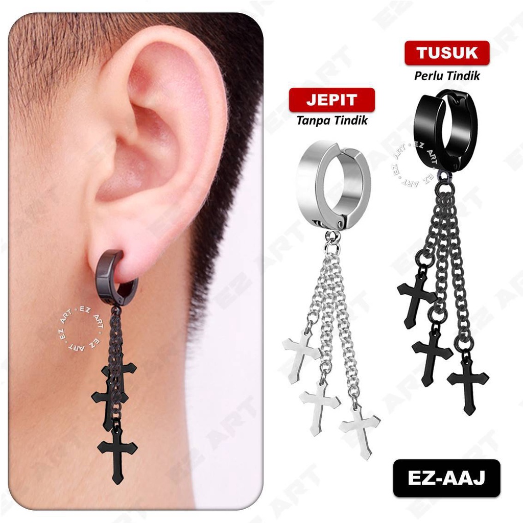 1Pc EZ-AAJ ANTING TRIPLE CROSS SALIB RANTAI JEPIT TUSUK PRIA WANITA KPOP BTS BANGTAN