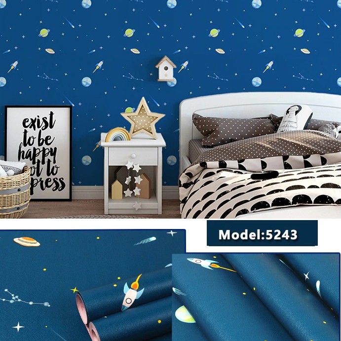 Wallpaper Sticker Motif Bintang Planet Biru Dongker 5243 / Wallpaper Dinding Sticker 9mx45cm