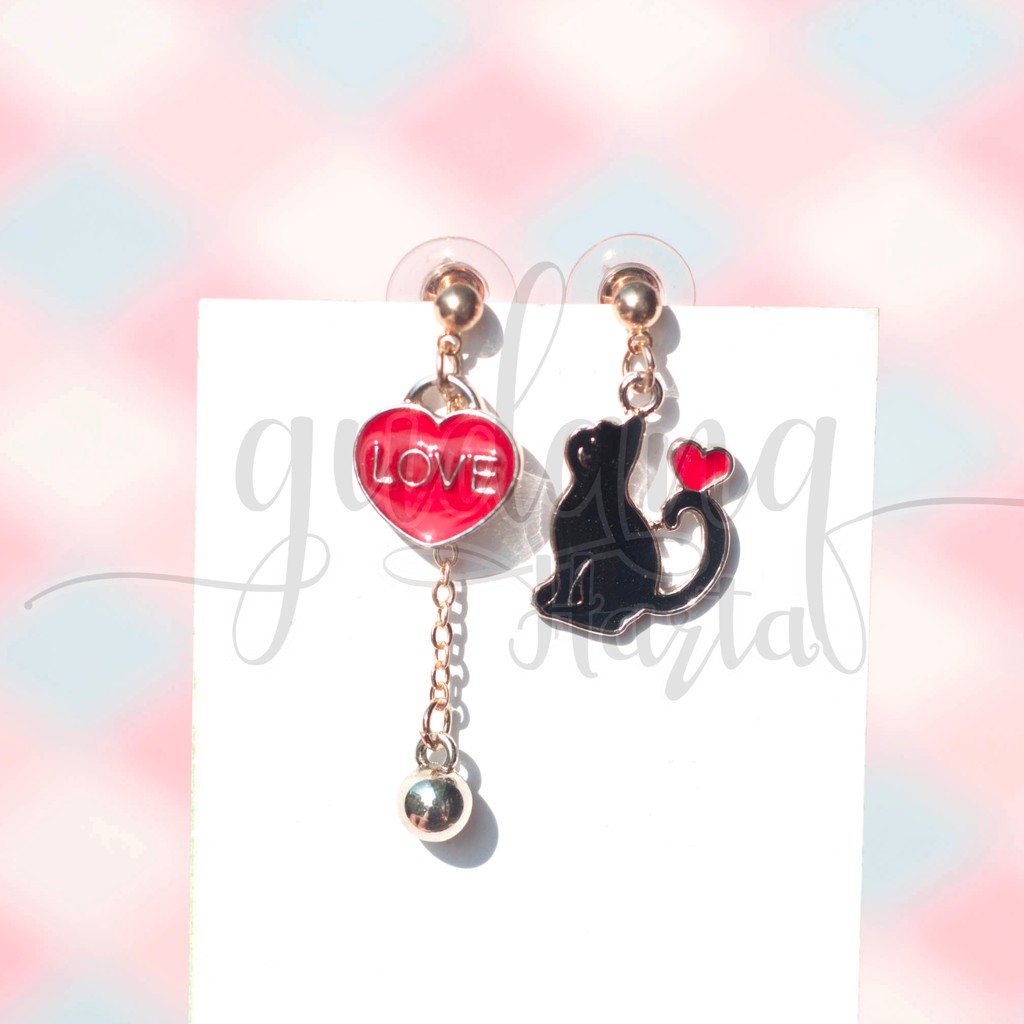 Anting Stud Love Black Cat Kucing Hitam Lucu Anting Panjang Asimetris GH 203522