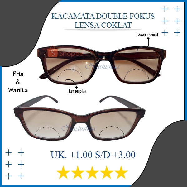 Kacamata Plus Dobel Baca Jalan Frame Plastik Lensa Coklat Gelap Kaca Mata Double Fokus Uk. +1.00 s/d +3.00 Untuk Pria dan Wanita NOCASE