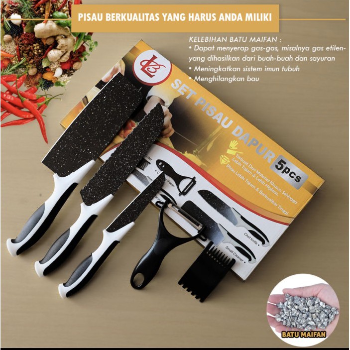 Alat Masak Kesehatan Pisau Set Batu Mineral Maifan Ceramic 5 in 1