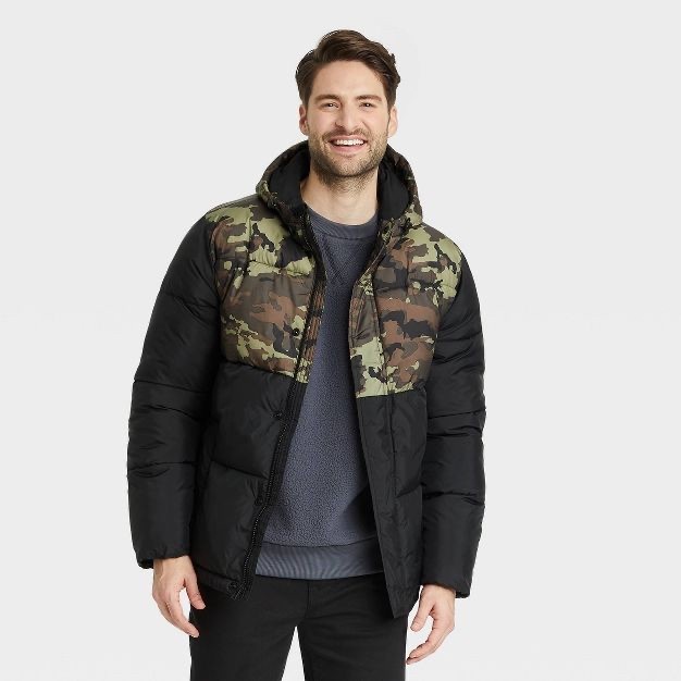 Jaket Goodfellow Water Resistant Puffer Hooded Jacket Black Camouflage