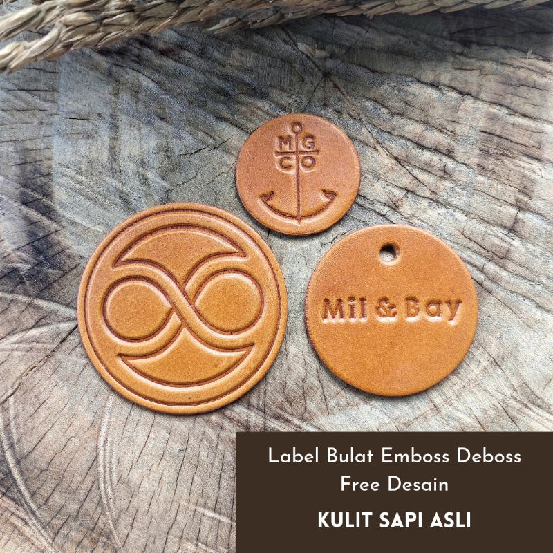 Label Kulit Emboss Bentuk Bulat, Bahan Kulit Sapi Minimal Order 50pcs