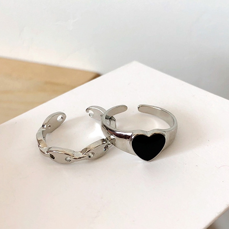 COD✨2 Pcs Cincin Korea Silver Gaya Cinta Hitam Aesthetic Ring Pria Keren Untuk Wanita Aksesori Fashion