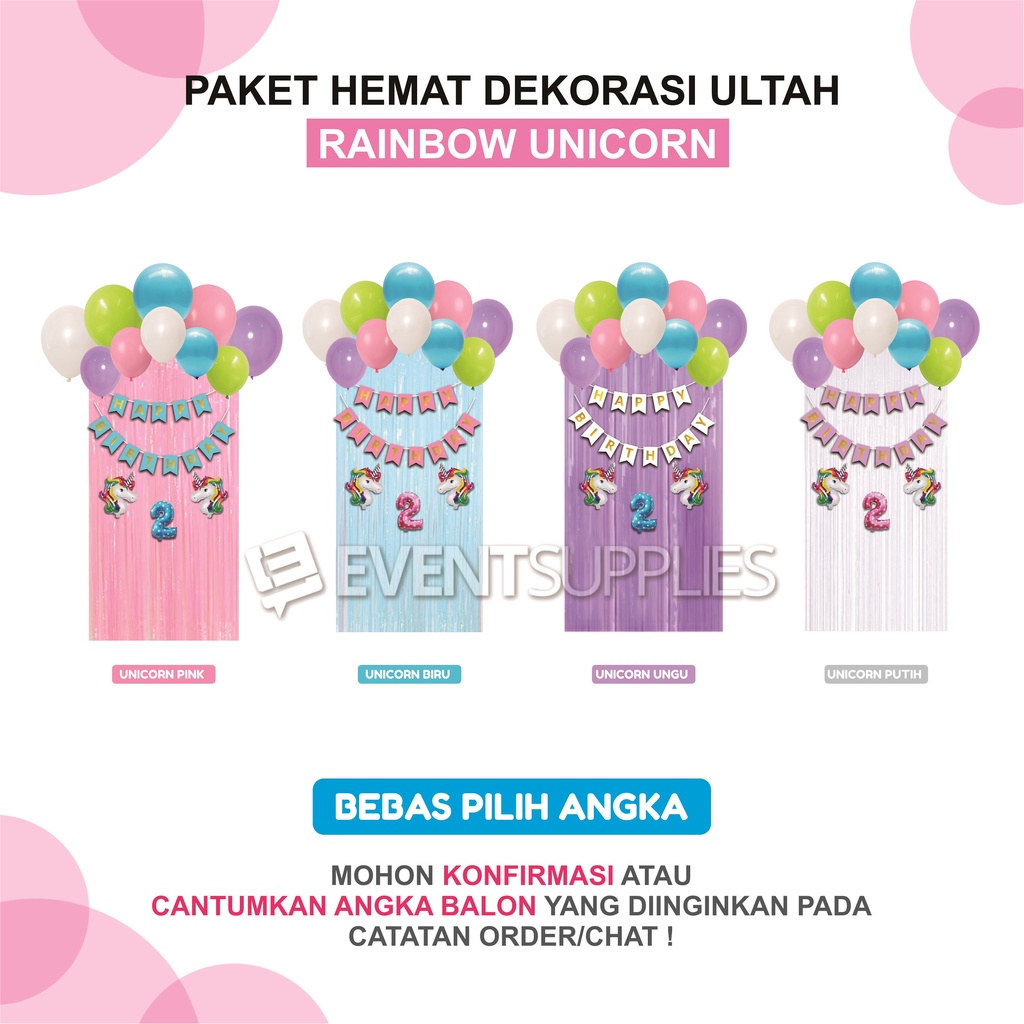 Terlengkap Paket Dekorasi Ulang Tahun Tema Unicorn Rainbow Pastel Bebas Pilih Angka Dekor Ultah Anak